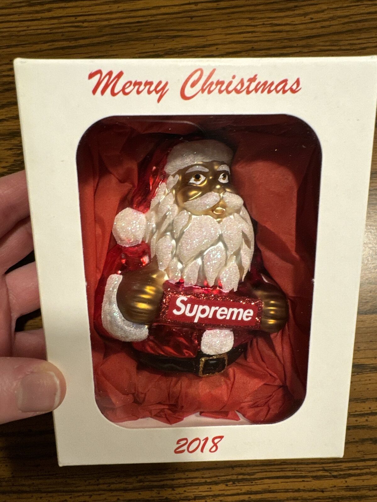Supreme Christmas Ornament Santa Clause Holding Box Logo FW18 Brand New Unopened