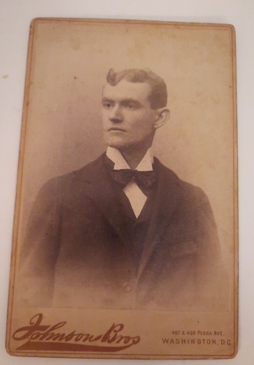 Johnson Bros Photography Cabine Card Young man Washington D C 1890s Antique