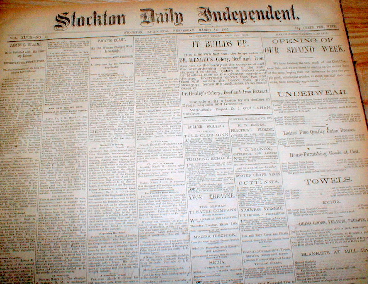 Lot o 10 original 1885 California newspapers STOCKTON DAILY INDEPENDENT 130yrOld