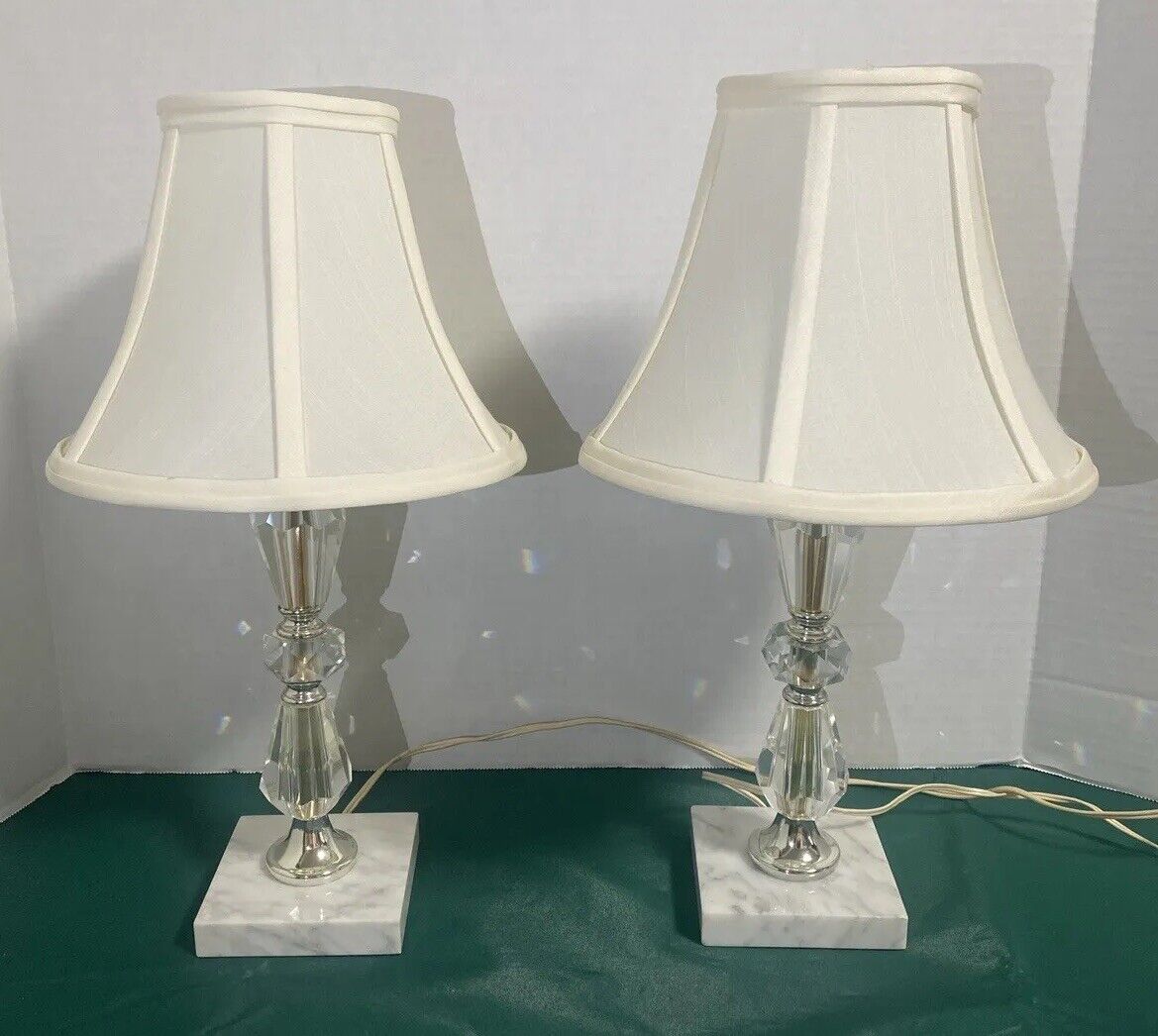 Vintage Set Table Lamp Hollywood Clear LUCITE & MARBLE BASE BOUDOIR MCM w Shades