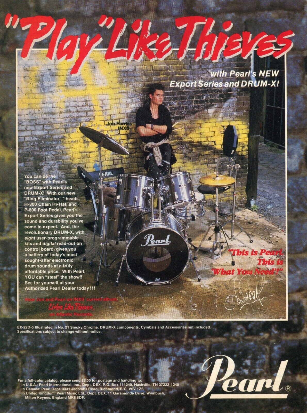 1987 Print Ad of Pearl Export Series Drum Kit w Jon Farriss INXS