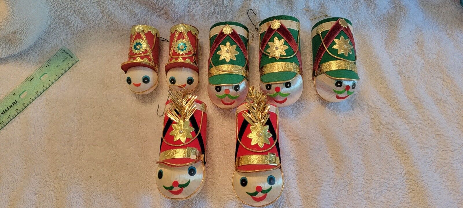 Vintage Nylon/Felt Soldier Head Christmas Ornaments Lot 7 Japan