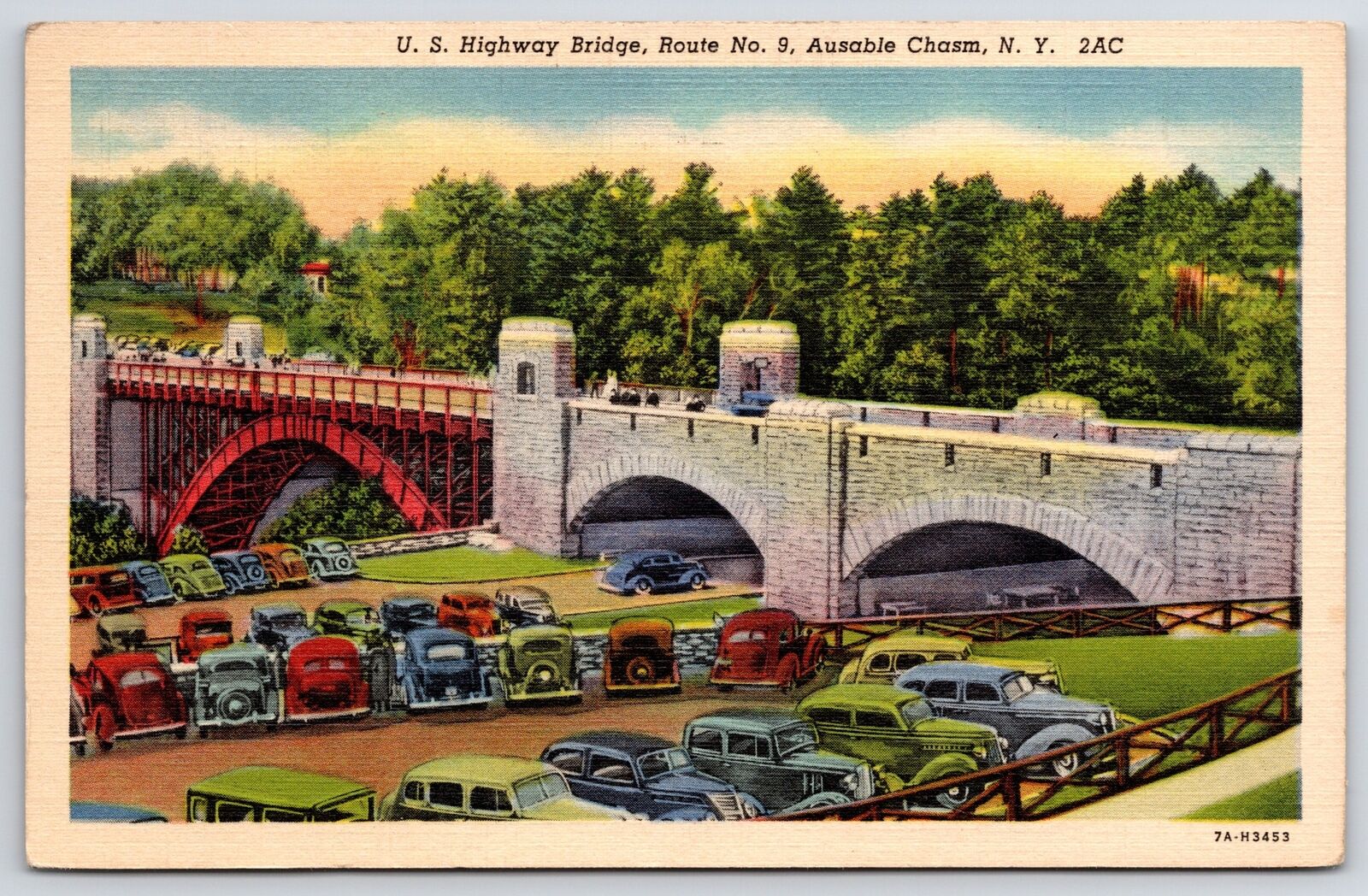1945 U.S. Highway Bridge Ausable Chasm New York NY Trees & Cars Posted Postcard