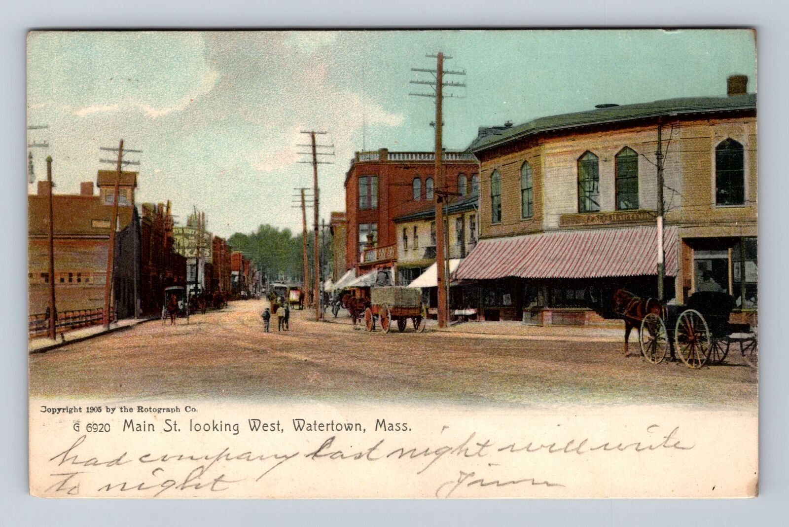 Watertown MA-Massachusetts, Main St Looking West, Vintage c1907 Postcard