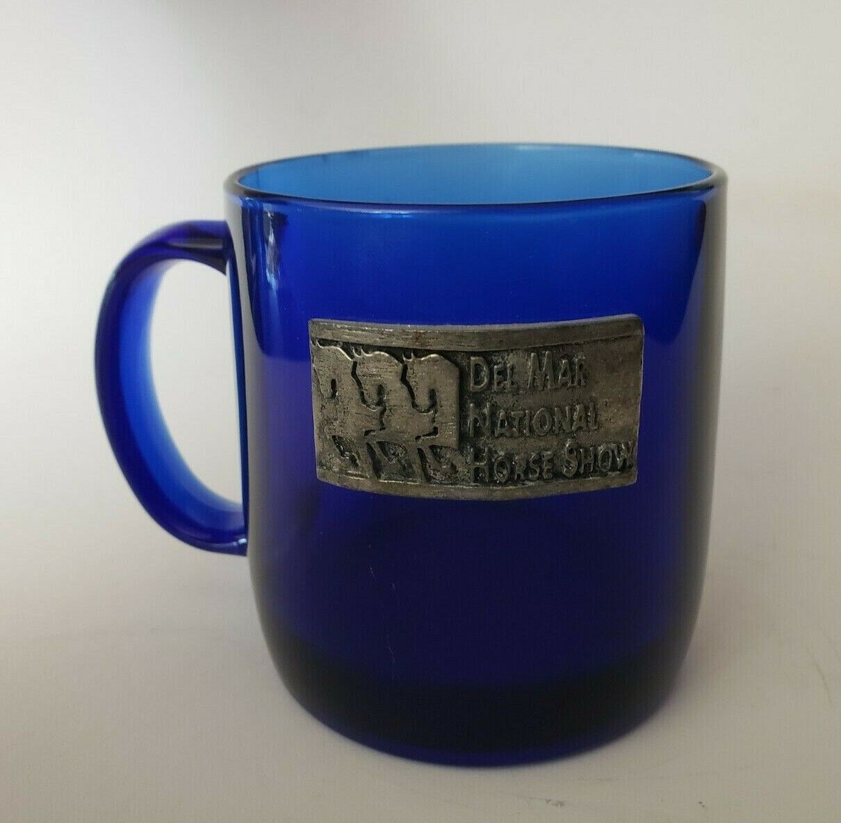 Vintage DEL MAR NATIONAL HORSE SHOW RARE BLUE GLASS COFFEE MUG PEWTER 