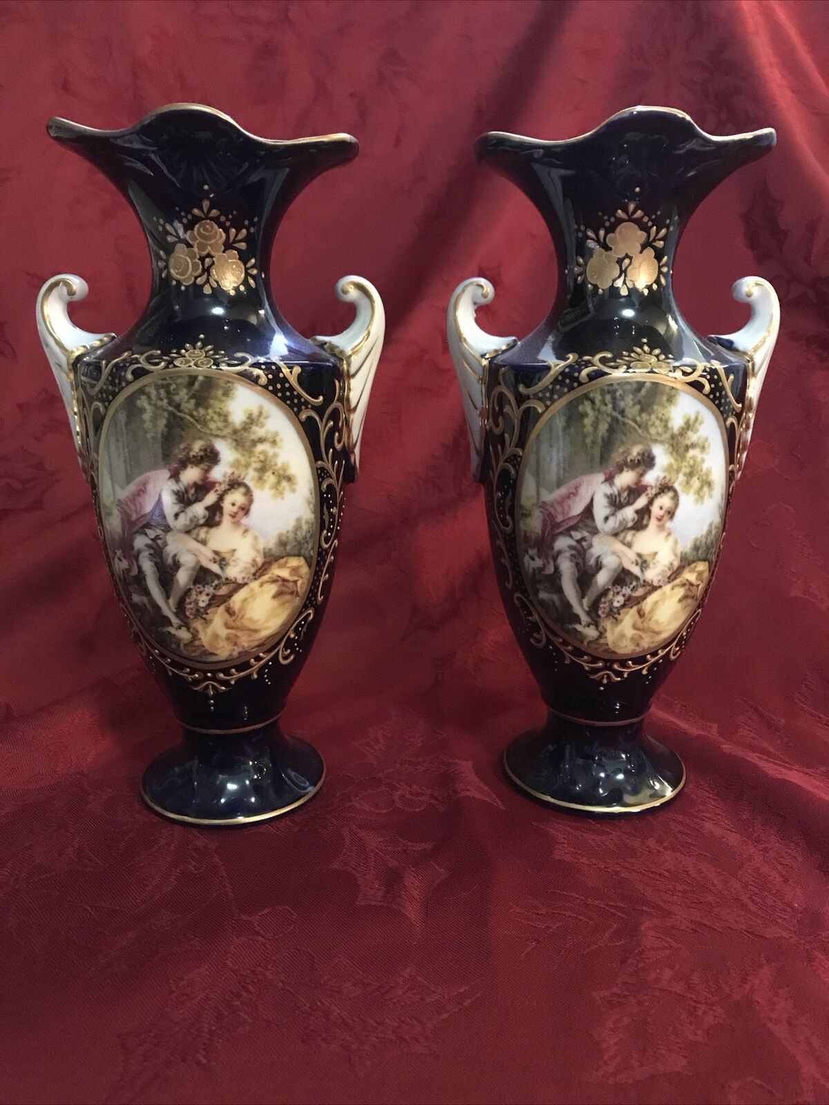 2 Antique Sevres Style Porcelain Mantle Vase Gilt Romantic Couple 8.5”