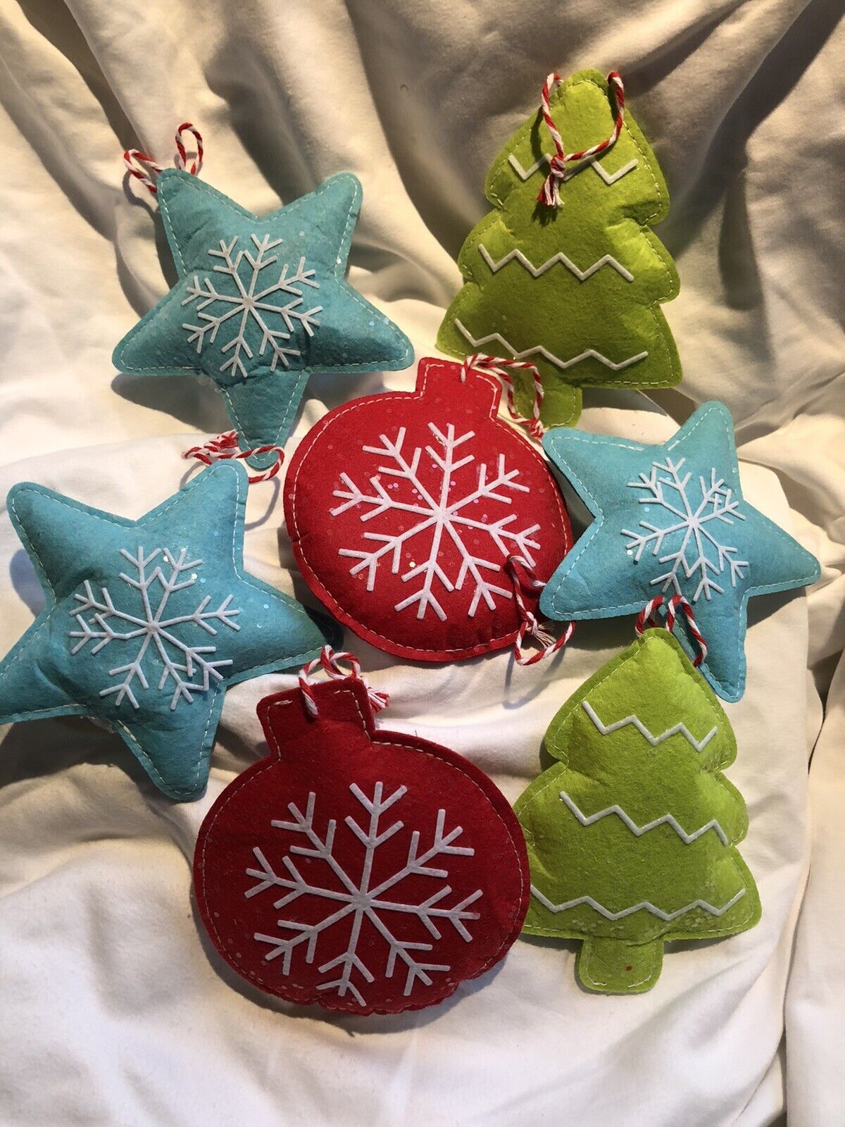 Felt Stuffed Christmas Ornaments (7) Blue Green Red Tree Star Round 4.5”