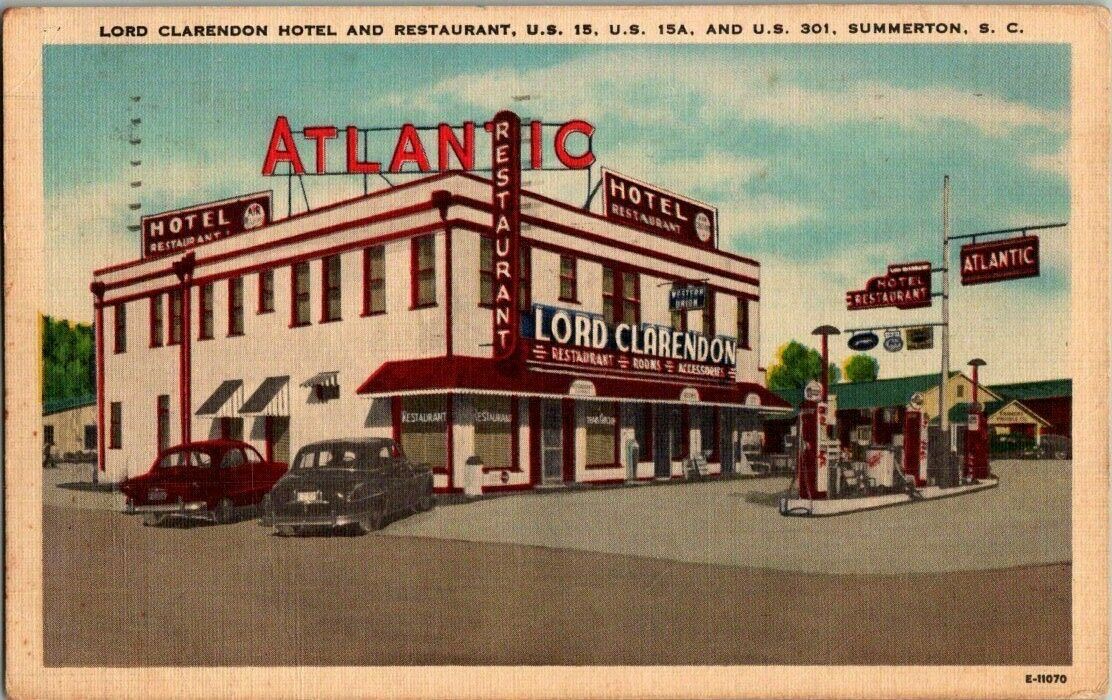 1950\'S. LORD CLARENDON HOTEL & RESTAURANT. SUMMERTON, SC. GAS ST. POSTCARD. MM20