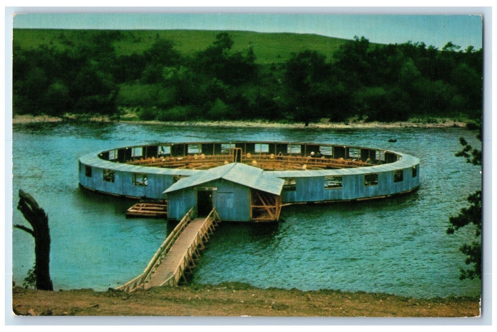 c1960 Floating Fisherena Catfish Bay Exterior Lake Texoma Oklahoma OK Postcard