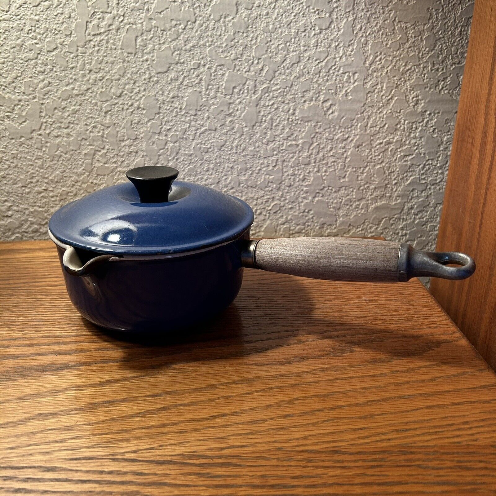 Vintage Le Creuset Sauce Pan #14 Blue Enamel Cast Iron Spout Wood Handle