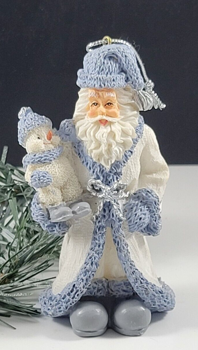 Vintage Christmas Ornament Snow Buddies Santa Snowman Blue Ceramic ADORABLE