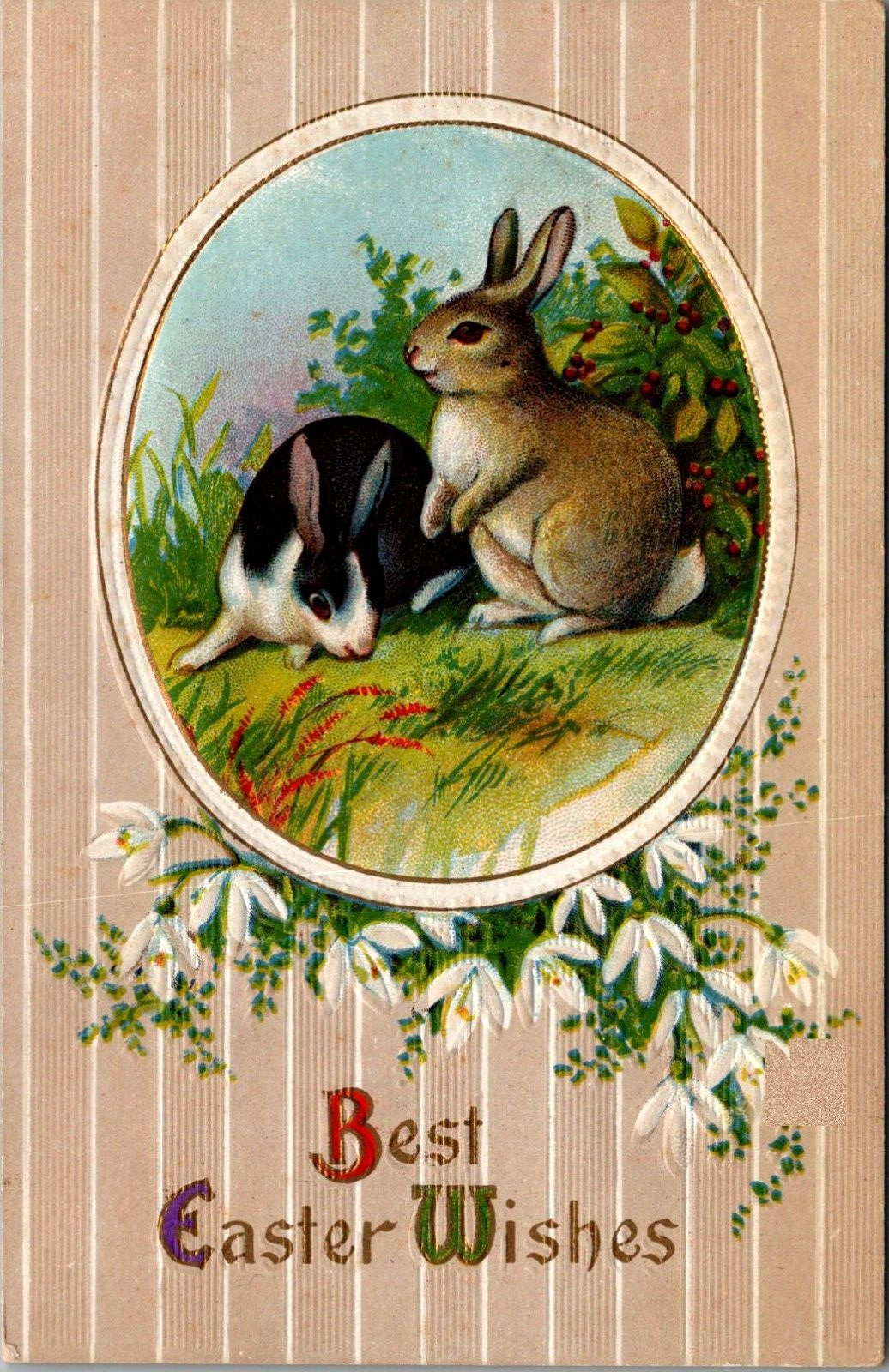 Best Easter Wishes Greetings Embossed Postcard  Bunny Rabbits in Field of Flower