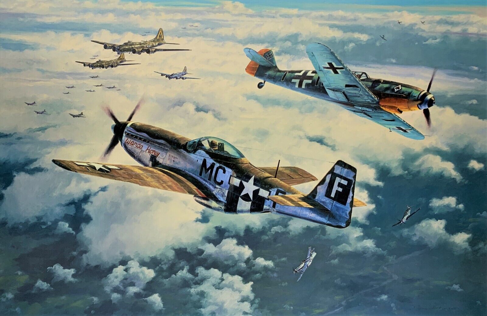 Clash of Eagles by Anthony Saunders art signed by Mustang and Luftwaffe Pilots
