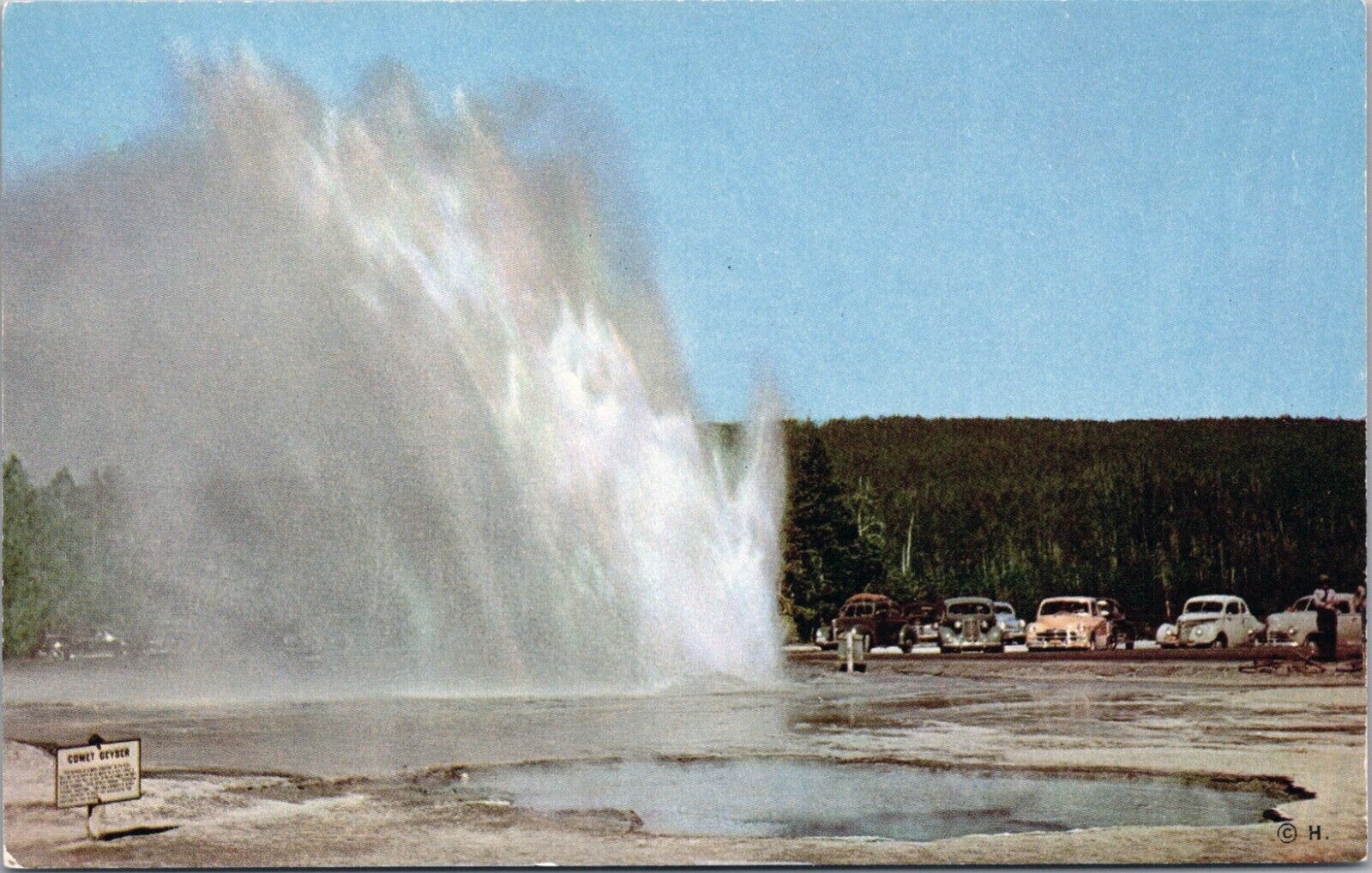 Postcard WY Daisy Geyser Old Cars Scenic View Yellowstone National Park Wyoming