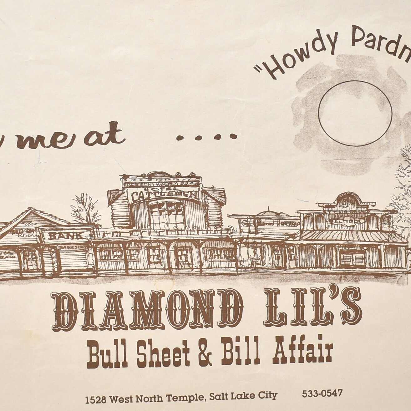 1980s Diamond Lil\'s Bull Sheet Bill Affair Restaurant Menu Salt Lake City Utah