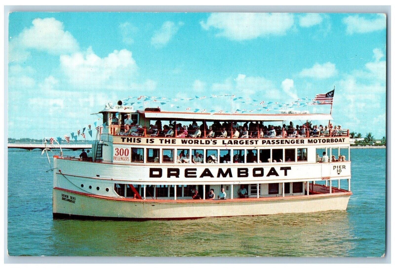 Miami Florida FL Postcard Seven Seas Dreamboat City Yacht Basin Motorboat c1960