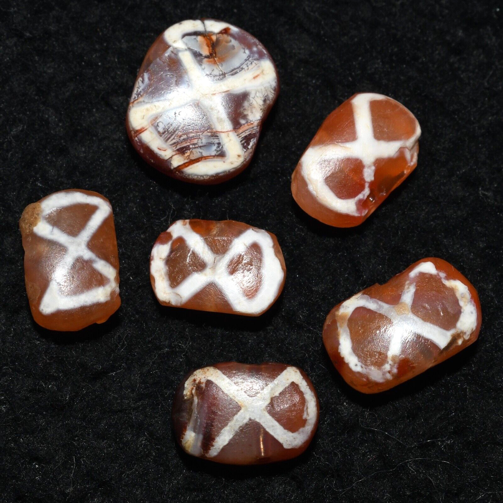 6 Rare Ancient Etched Carnelian Beads with Infinity Pattern over 2000 Years Old