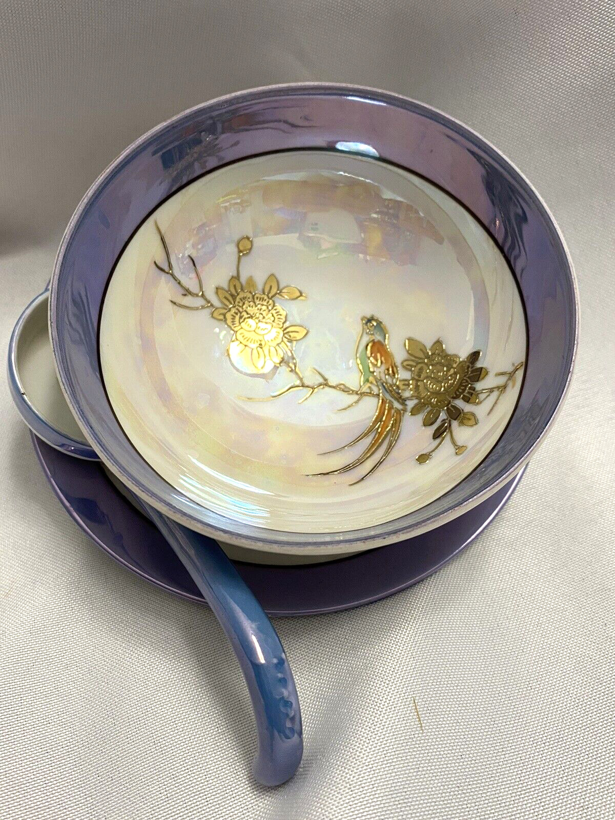 Vintage Noritake Lusterware Gold Bird Footed Condiment Bowl Under Plate & Ladle