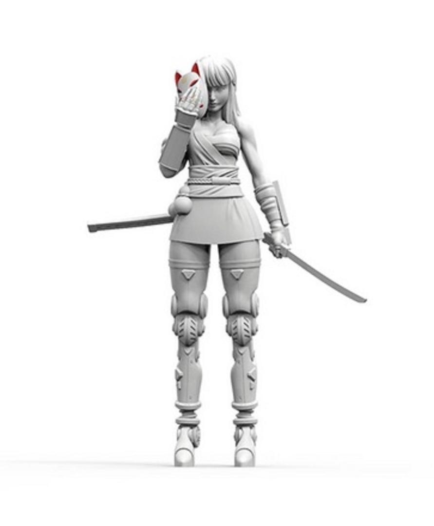 M6/Garage Kit 1/35 Female Swordsman Wearing Fox Mask Android Ninja Resin Figure 
