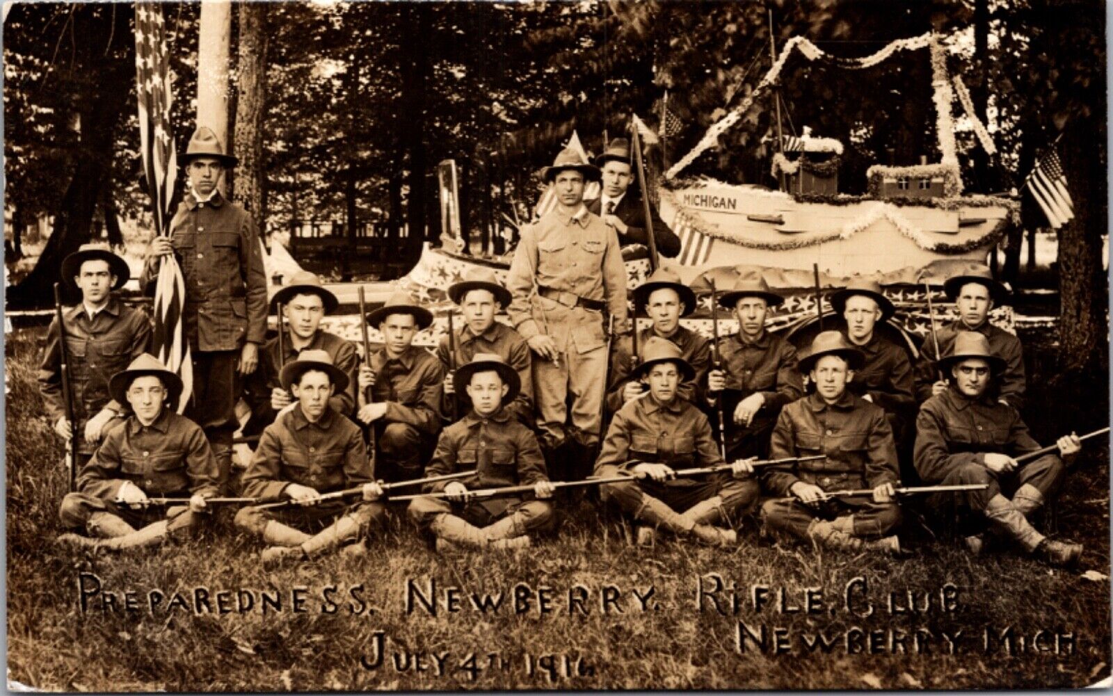 Preparedness Newberry Rifle Club July 4, 1916 Michigan Boat Parade Float Forest