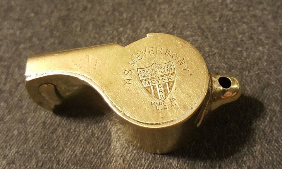 VINTAGE BRASS WWI WW2 ERA MILITARY WHISTLE*NS MEYER INC*NY*MADE IN USA*