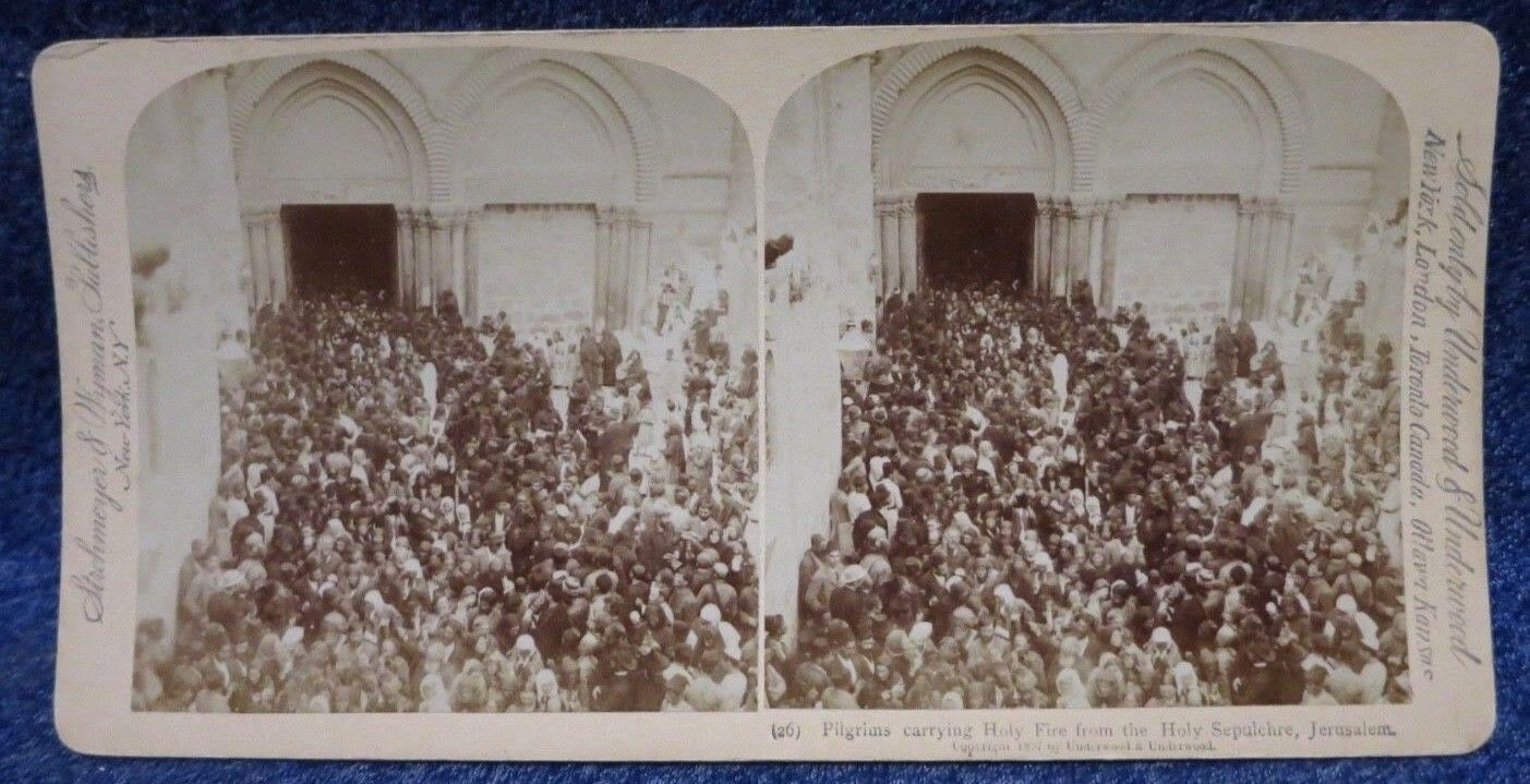 Palestine Jerusalem Pilgrims carry Holy Fire from the Holy Sepulchre Stereoview