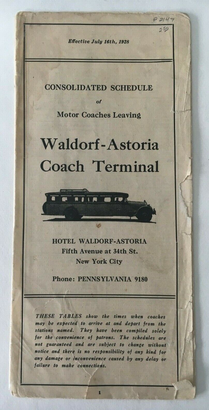 Vintage 1928 Waldorf Astoria Coach Terminal timetable schedule New York City NYC
