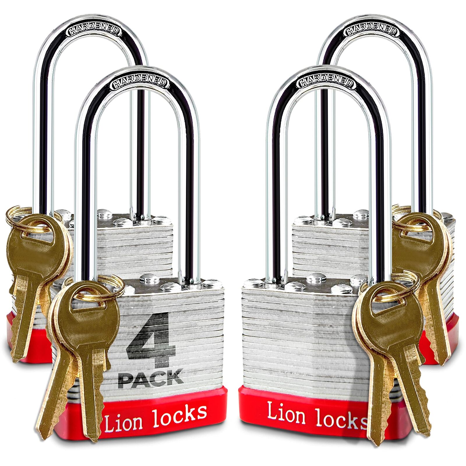 Lion Locks 4 Keyed-Alike Padlocks w/ 2” Long Shackle, 8 Keys, Hardened Steel ...