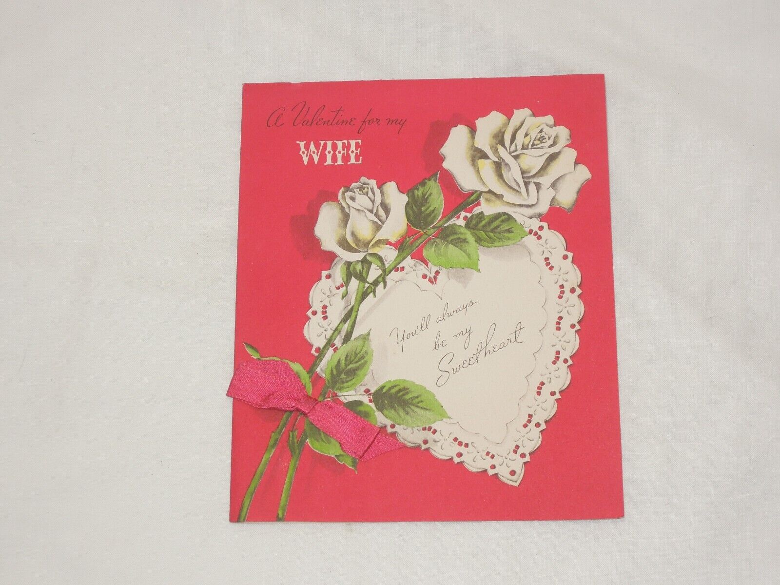 Vintage Norcross used Valentine\'s Day Greeting Card White Rose with bow to wife