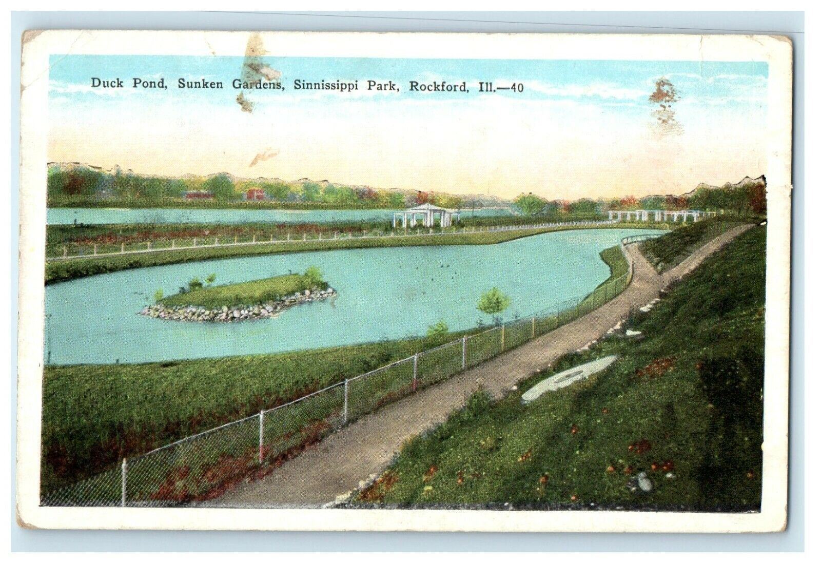 c1910 Duck Pond Sunken Gardens Sinnissippi Park Rockford Illinois IL Postcard