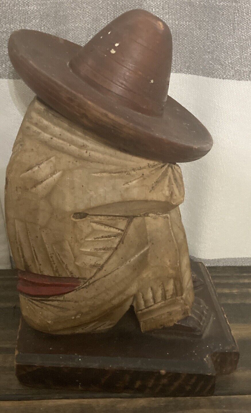 Hand Carved Wooden Siesta Mexican Sleeping Man Hinged Box Jar *G