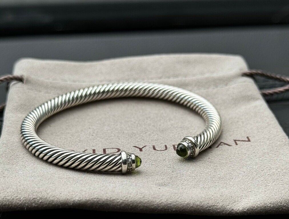 David Yurman 925 Silver 5mm Classic Cable Prasiolite & Diamonds Bracelet Sz S