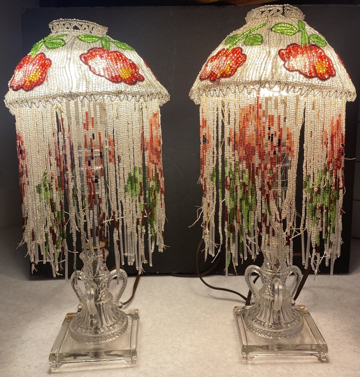 Pair Authentic 1920's Micro Beaded Lampshade Lamps with Bases- For Restoration