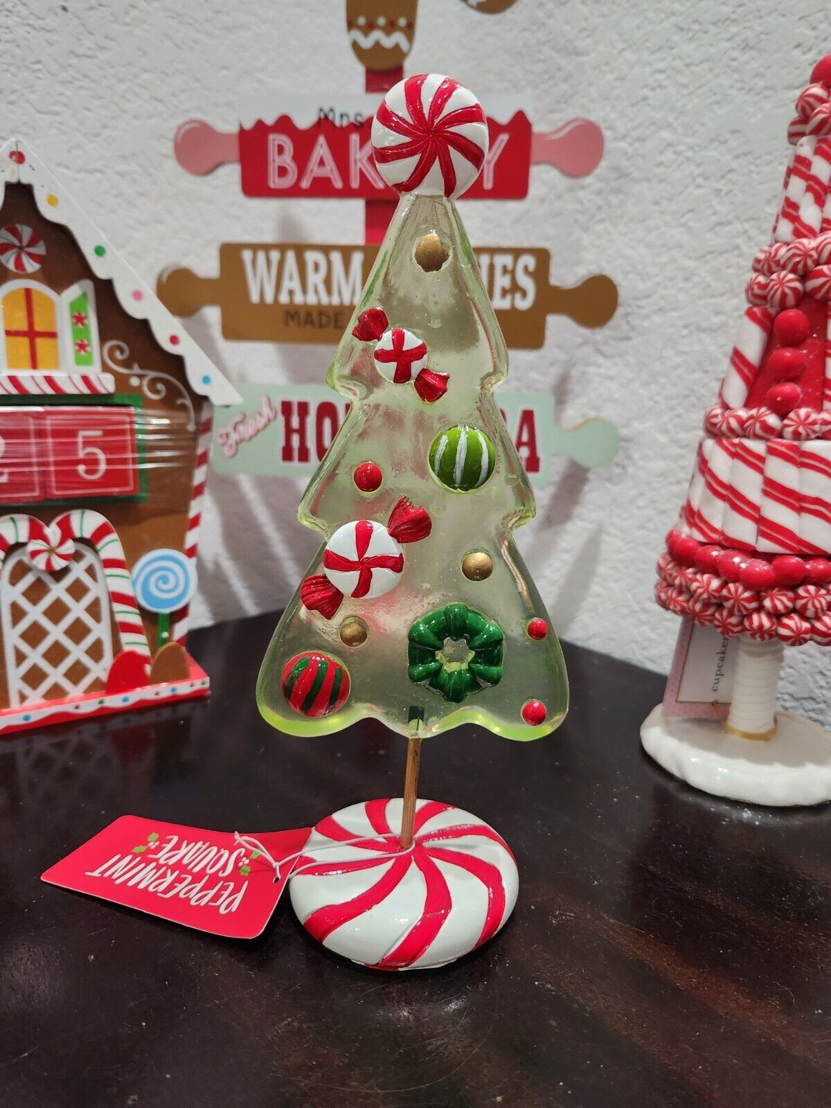 CHRISTMAS Gingerbread Peppermint Square Candy Tree Figurine Tabletop Decor 9.75