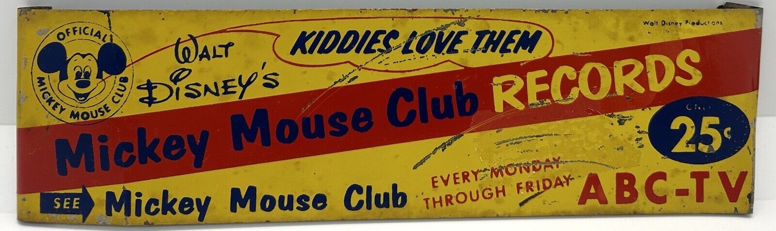 Vintage Walt Disney Mickey Mouse Club Records Tin Display Advertising Sign 