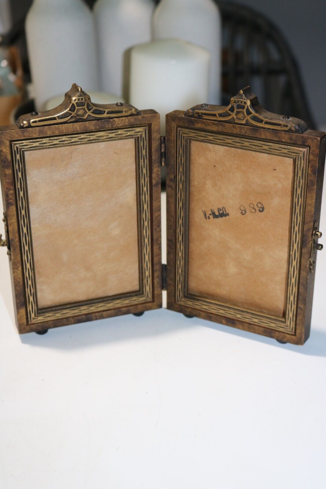 Vintage Double Hinged Picture Frame - Wood with Gold Tone Accents