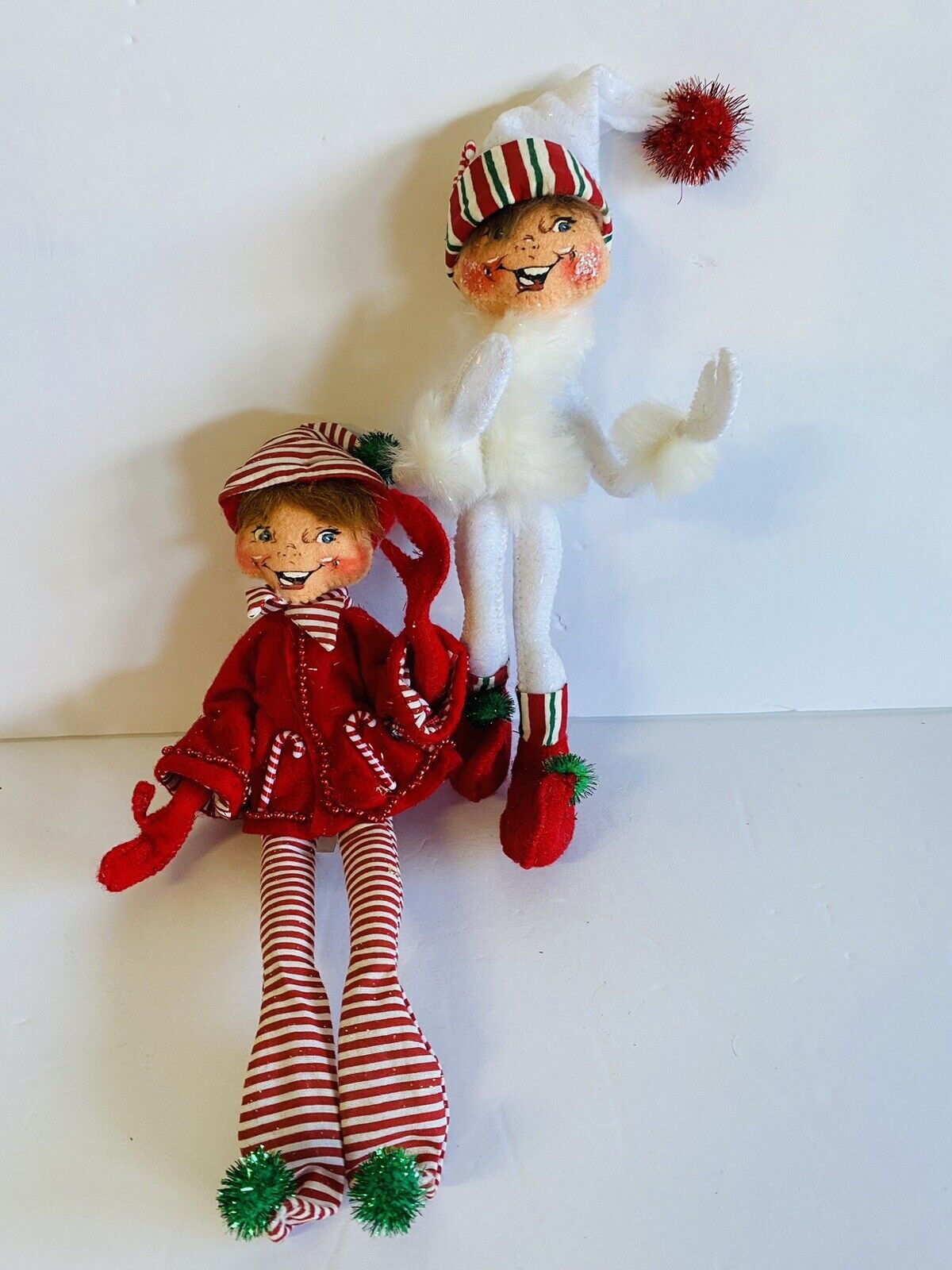 Vintage Analee Elves Set Of 2 Measures 10”Peppermint And White Fur