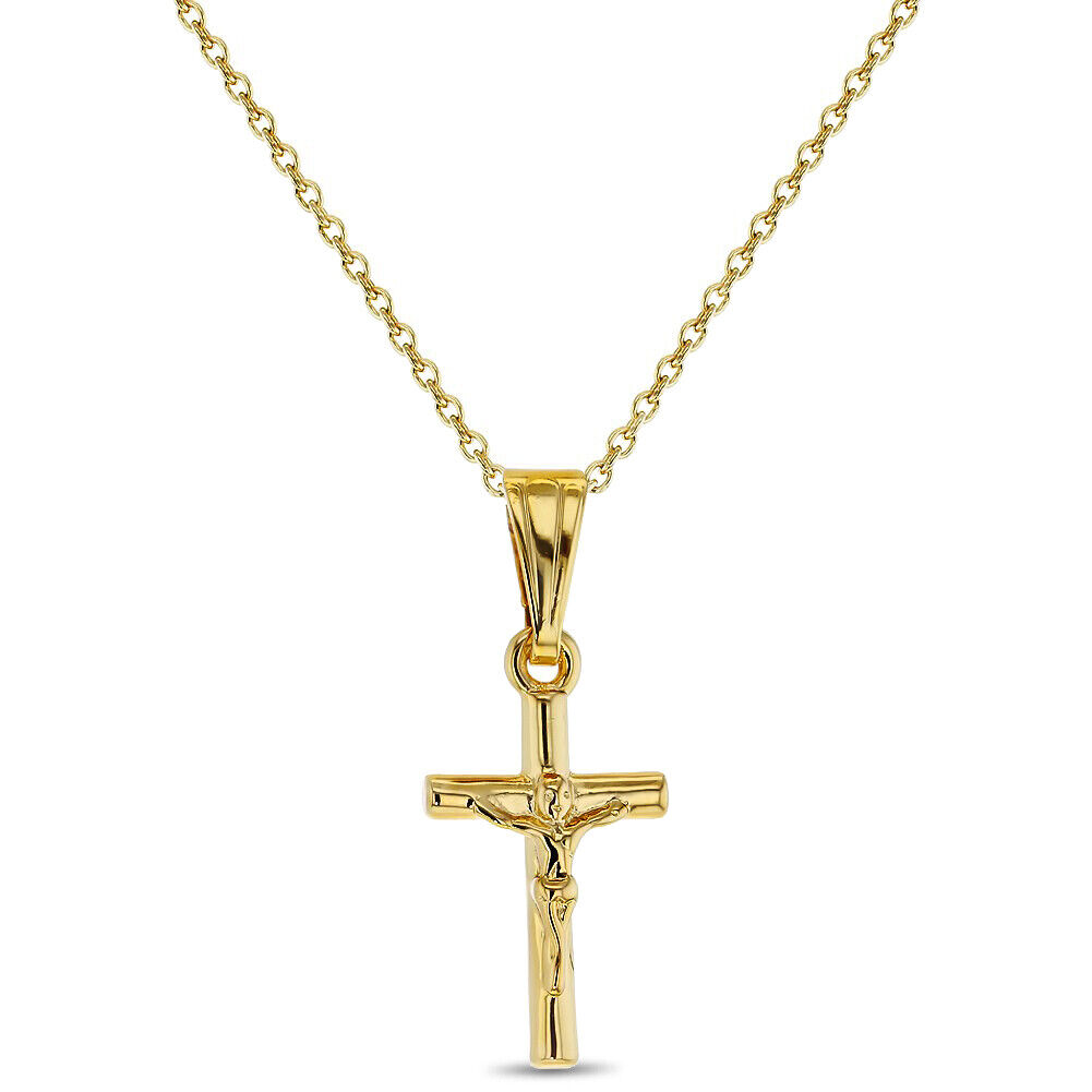 Gold Plated Small Jesus Crucifix Cross Pendant Catholic Necklace for Kids 16\