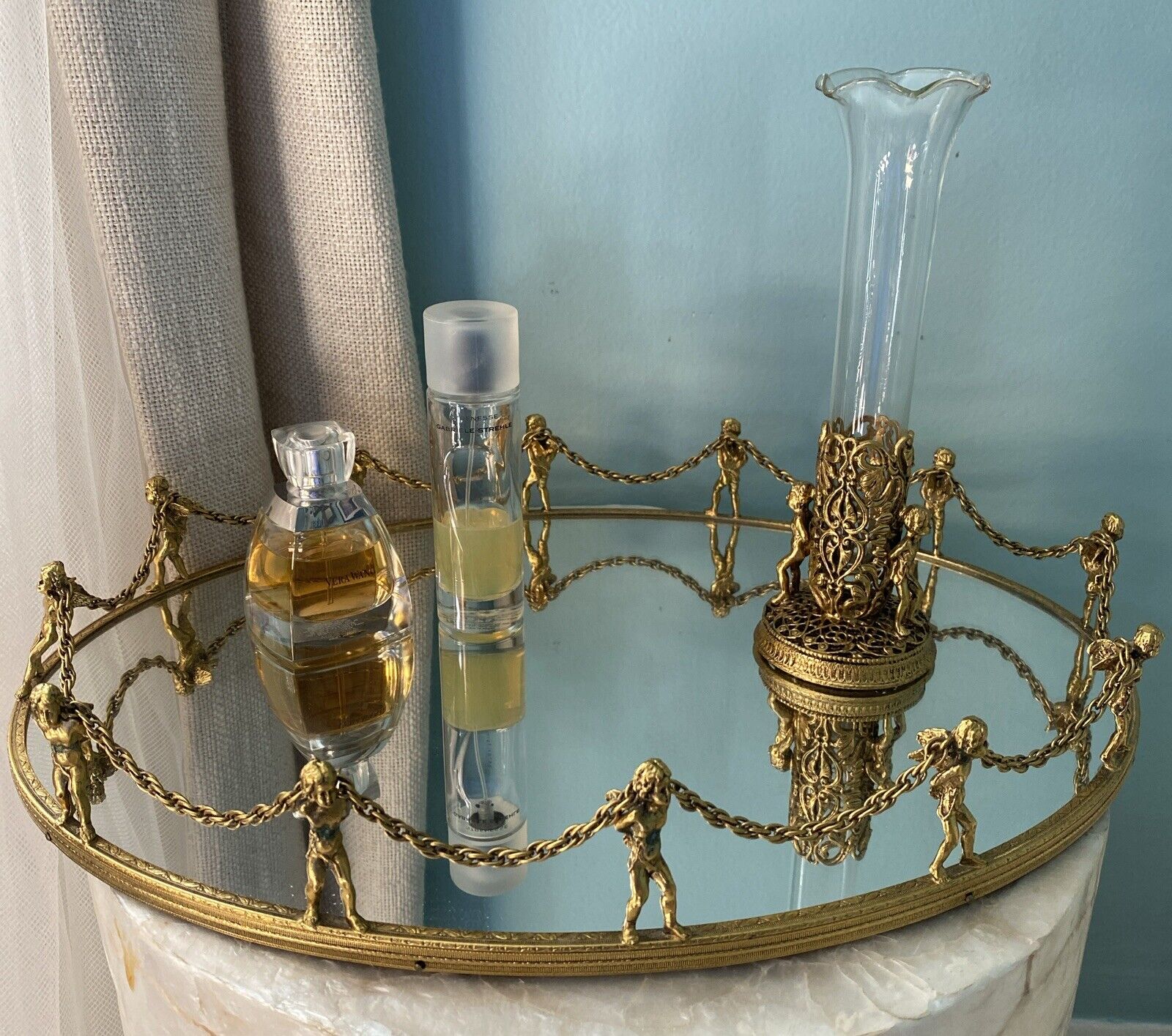Beautiful Vintage 16” Gold Vanity Tray Mirror & Bud Vase Cherubs H. Regency