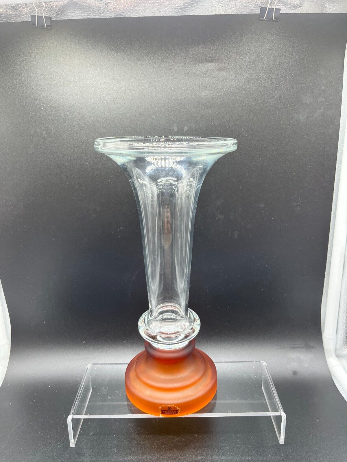 Zodax Clear & Frosted Amber Base Art Glass Trumpet Vase