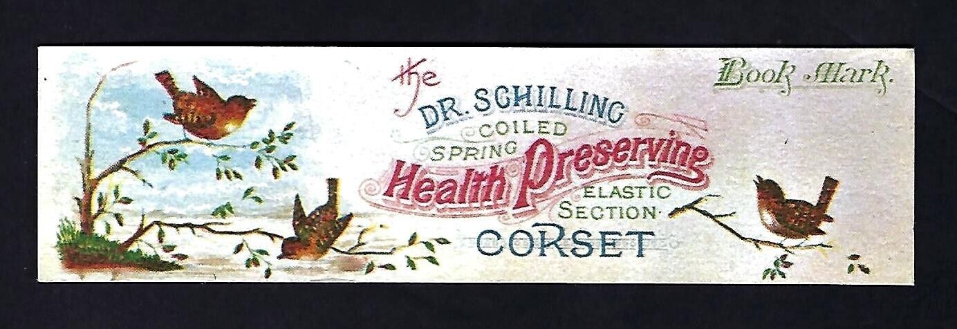 c1890\'s Trade/Advertising Book Marker, Dr Schilling Coiled Spring, Corset, Birds