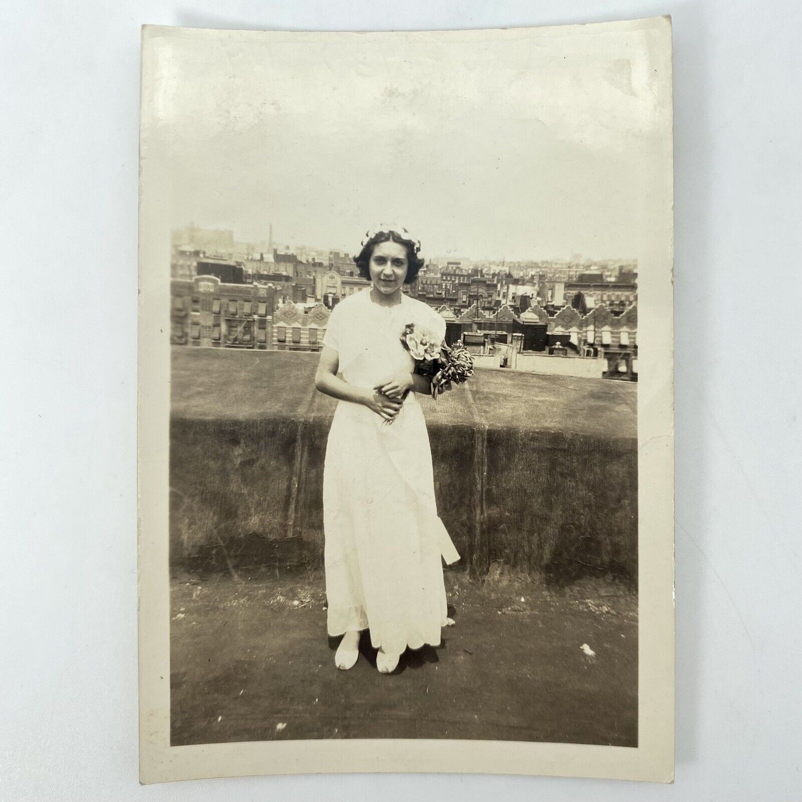 Italian NYC Bride 1939 Vintage Snapshot Photo Young Woman Wedding Dress Rooftop