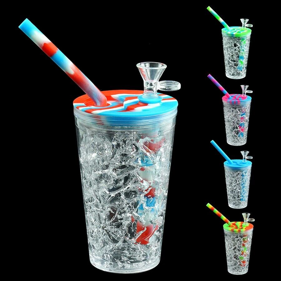 9'' Plastic Frozen Cup Hookah Bong Silicone Lid Shisha Water Pipe W/ Glass Bowl.