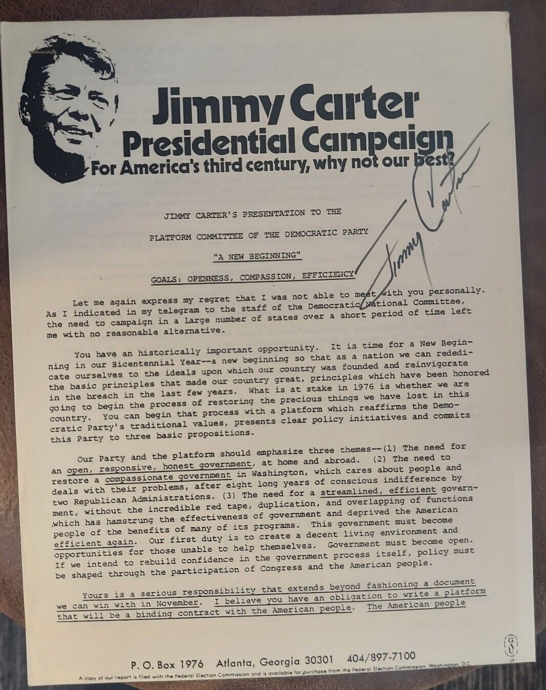 Jimmy Carter Signed 1976 Democratic Campaign Platform Press Release President