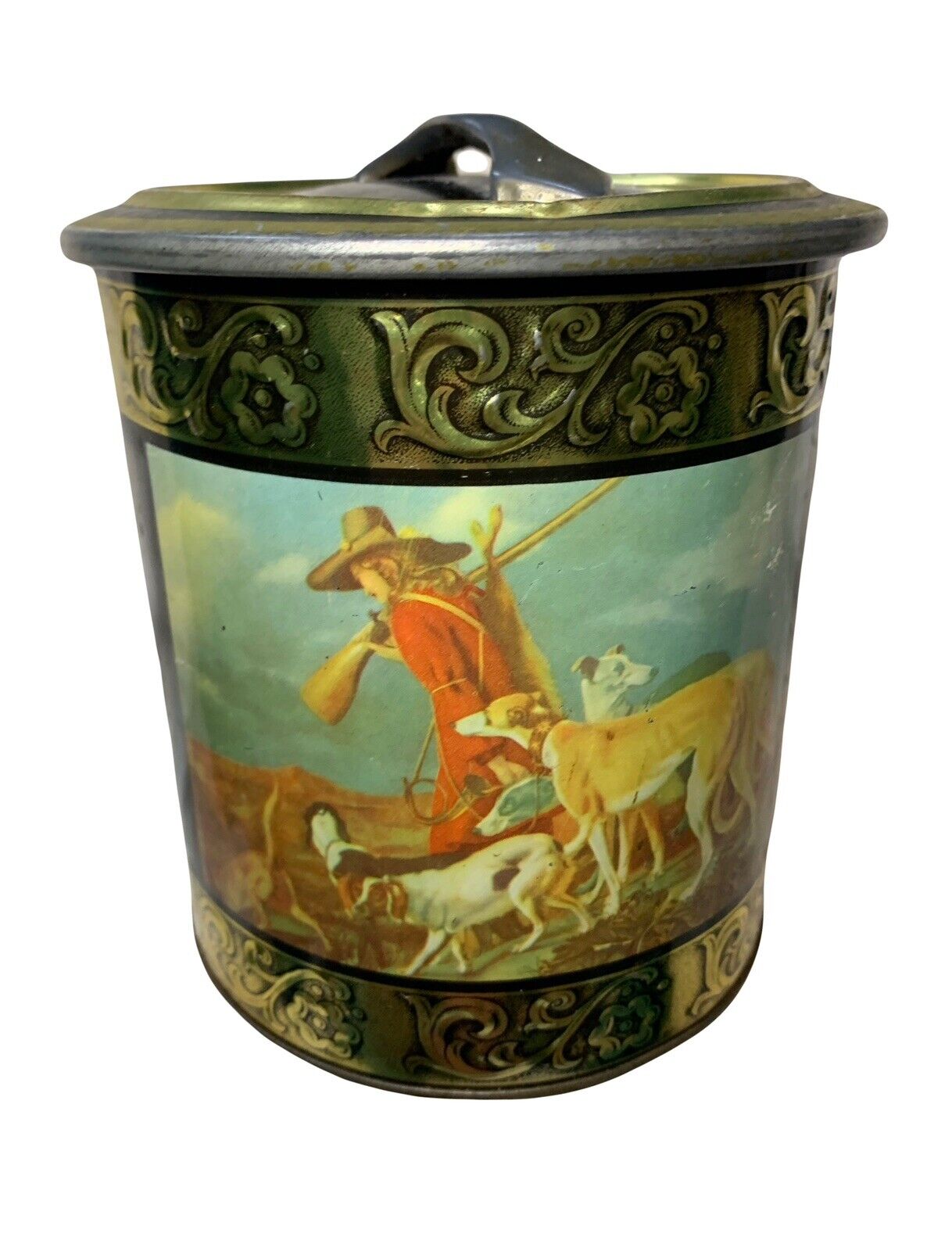 Vintage German “Hunting Scene” Lithograph Tin Canister Dogs Hunter Motif