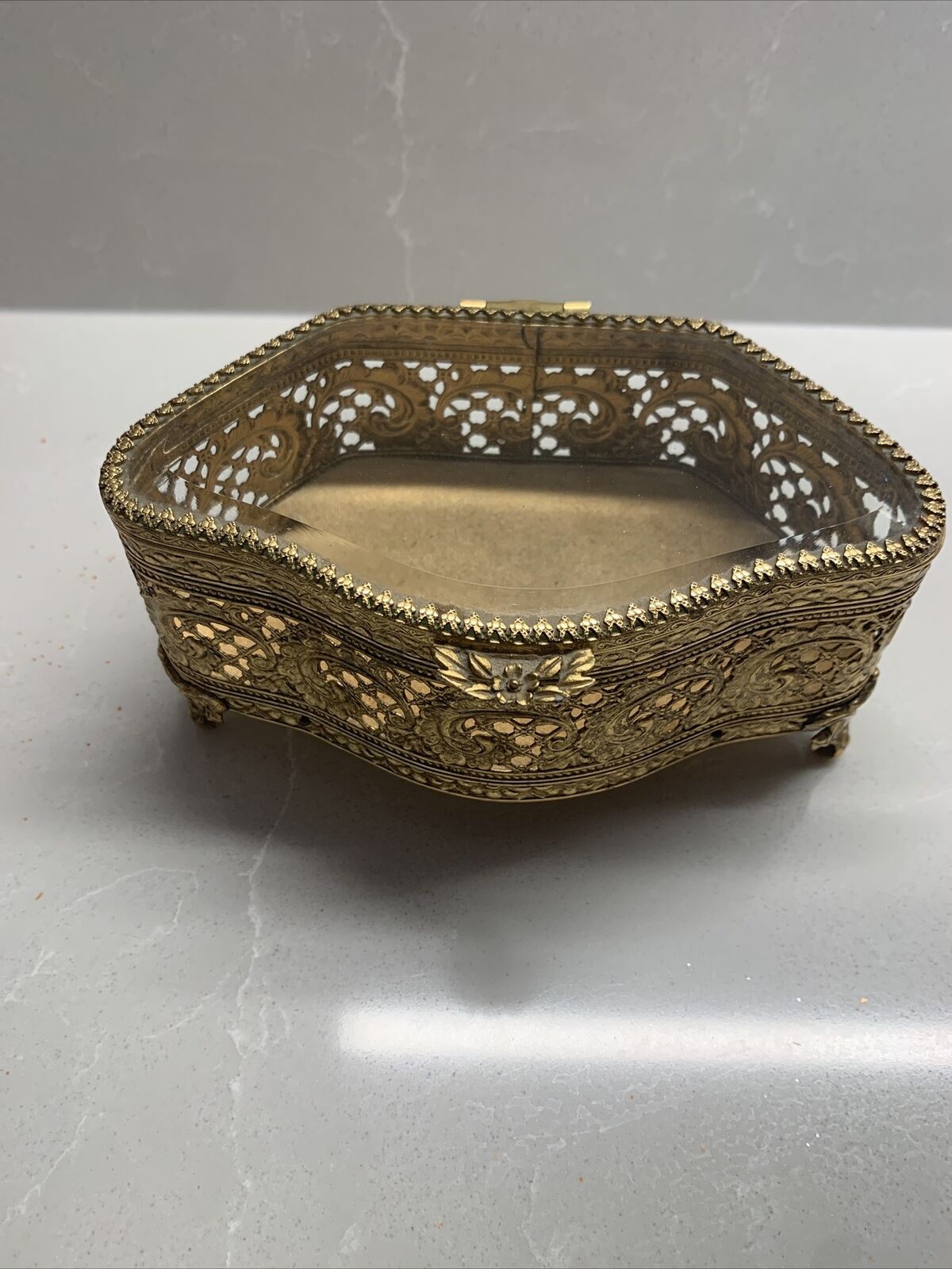 Vintage Filigree Jewelry Box Dresser Vanity casket case beveled glass 3 X5X6”