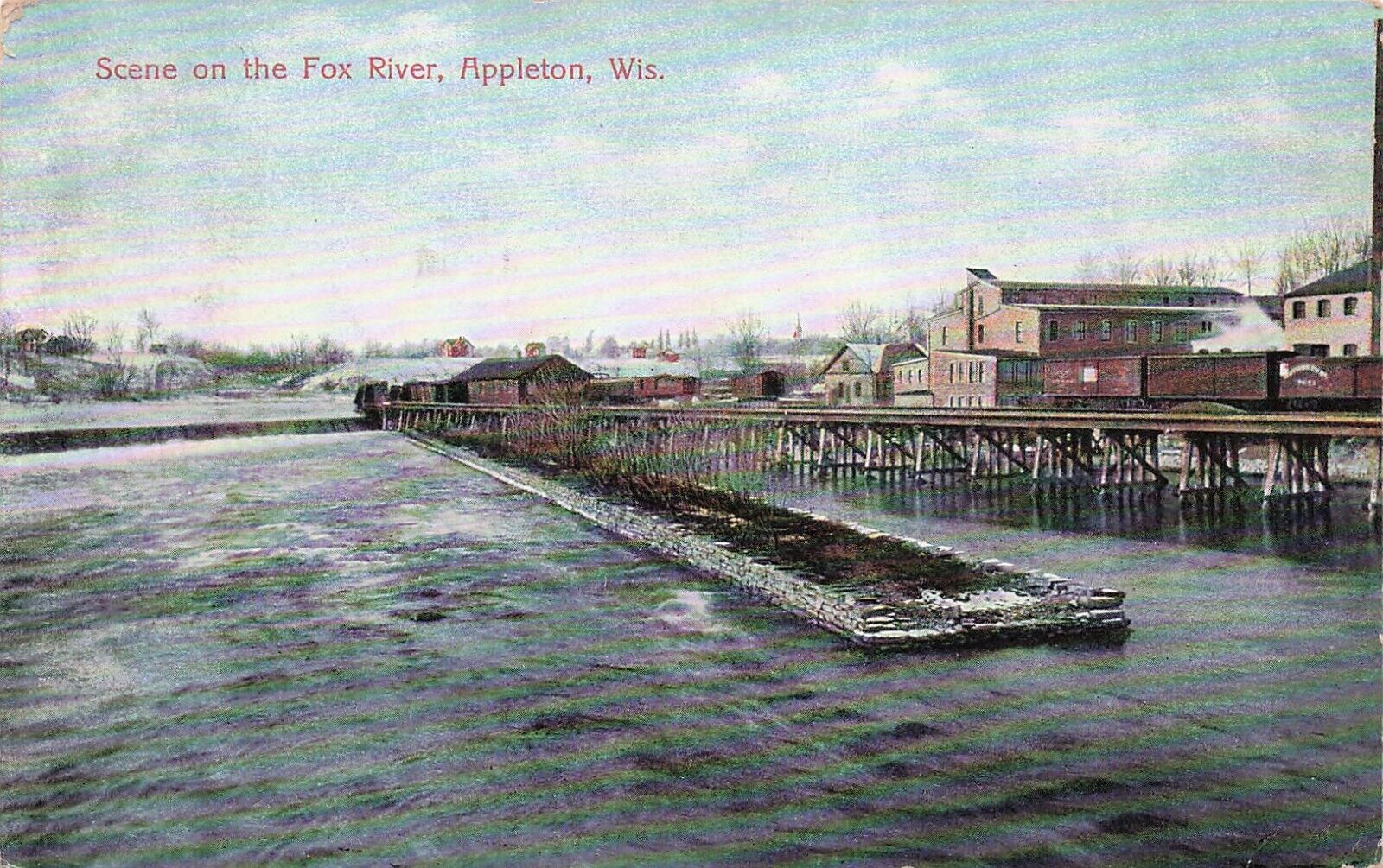 Appleton WI Wisconsin Fox River Train Railroad Depot Paper Mill Vtg Postcard E28
