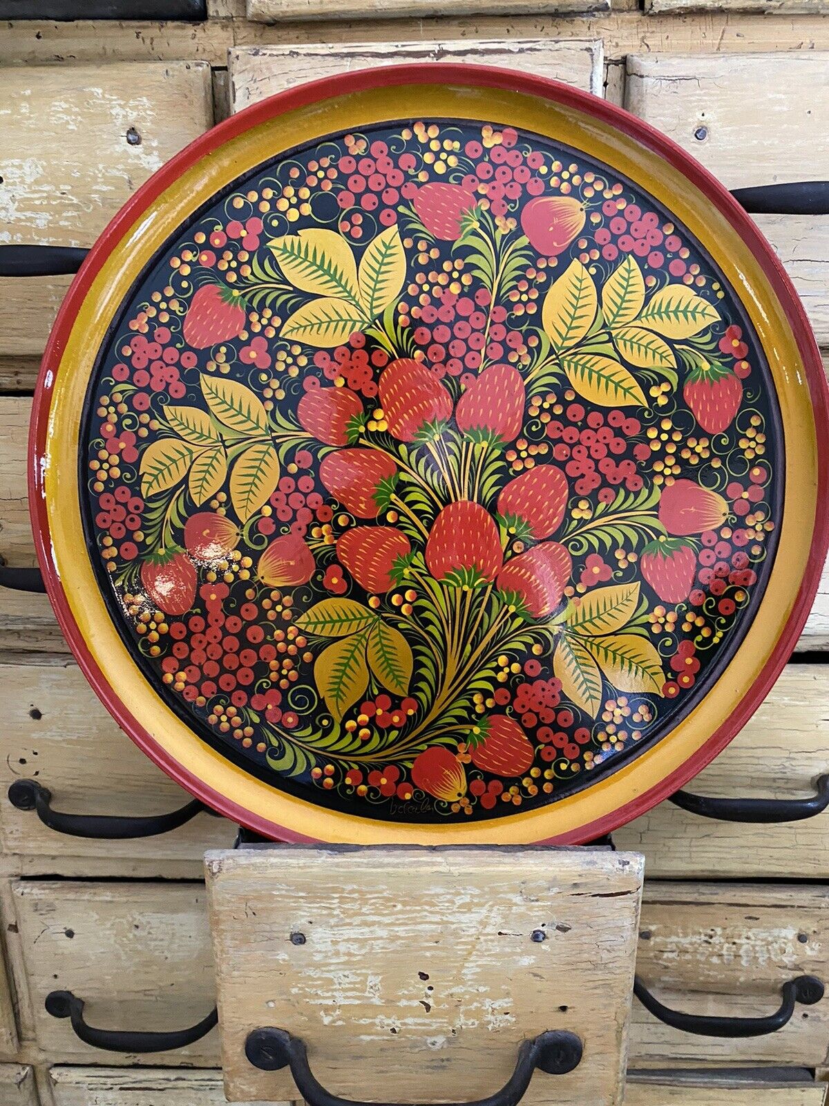 Vintage Hohloma Khokhloma Souvenir wall Art plate Traditional Berry 11.75 in.