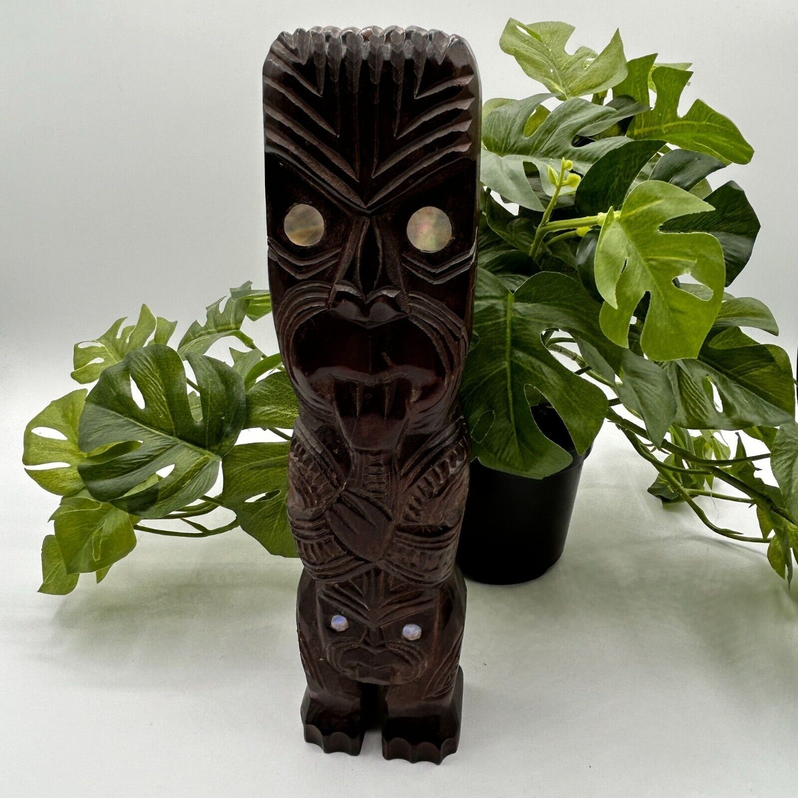 Maori Wooden Carved Tiki Paua Shell Inlaid Eyes New Zealand Vintage