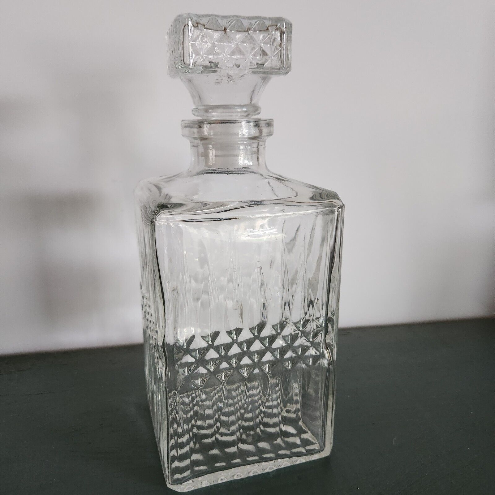 Vintage Square Decanter Press Cut Glass With  Stopper Textured Glass 9”
